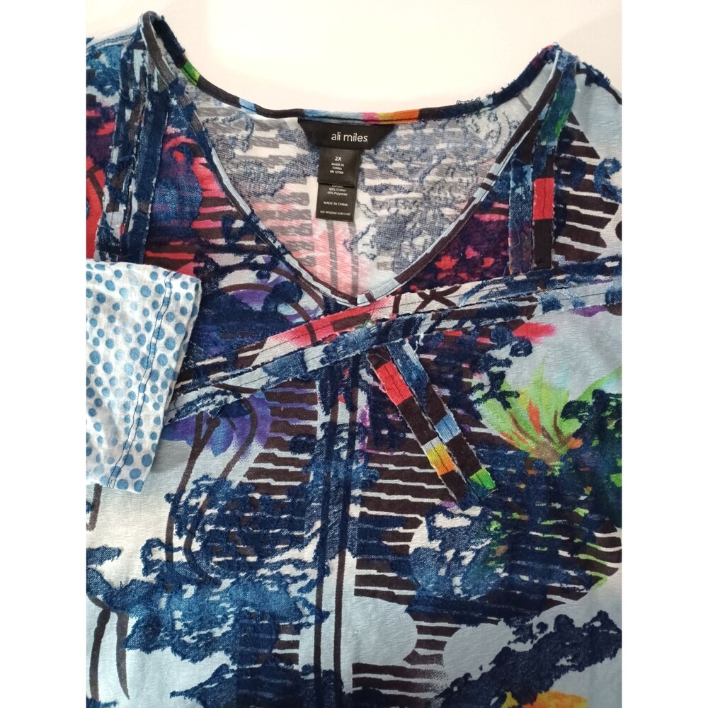 Ali Miles Multicolor Abstract 2X Long Sleeve Tunic Top Textured Burnout Artsy